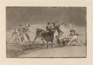 Palenque de los moros hecho con burros para defenderse del toro embolado (Maurerne bruker esler som en barriere for å forsvare seg mot oksen hvis horn har blitt tippet med baller) av Francisco de Goya