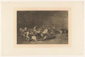 Picador steekt een lans in een stier To grupper med picadorer kjørt over på rad av en enkelt okse Stierengevechten (serietittel) La Taureamachie (serietittel) Tyrefekting (serietittel) av Francisco de Goya