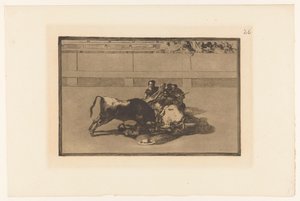 Picador falt av hesten Caida de un picador de su caballo debajo del toro Tyrekamp (serietittel) La Taureaumachie (serietittel) La Tauromaquia (serietittel) av Francisco de Goya