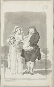 Prostituert anmoder om en feit, stygg mann recto, ung kvinne vri hendene...verso, 1796-97. av Francisco de Goya