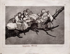 Latterlig dårskap fra serien Los Disparates Follies, 1815-1819 av Francisco de Goya