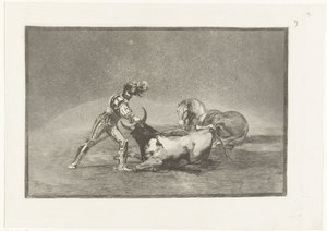 Spanse rider doody on stier En spansk ridder dreper en okse etter å ha mistet hesten sin Stierenvechten (serietittel) Tyrefekting (serietittel) av Francisco de Goya