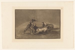 Spanse rider doodt een stier En spansk ridder dreper en okse etter å ha mistet hesten sin Stierengevechten (serietittel) La Taureamachie (serietittel) Tyrefekting (serietittel) av Francisco de Goya