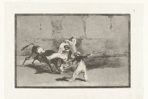 Oksen blir beslaglagt av tyrefekterne Cogida de un Moro estando en la plaza Tyrefekting (serietittel) La Tauromaquia (serietittel) av Francisco de Goya
