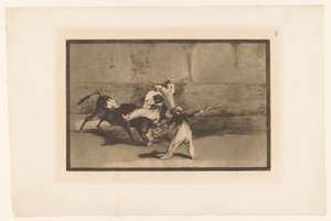 Tyren blir grepet av tyrefektere Cogida de un Moro estando en la plaza Tyrekamp (serietittel) La Taureaumachie (serietittel) La Tauromaquia (serietittel) av Francisco de Goya