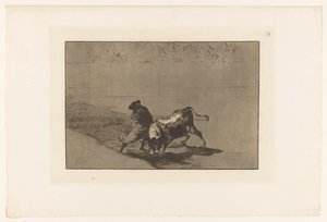 Stierenvechter i sanden Den dyktige studenten til Falces, med kappe, håner oksen med støt Stierengevechten (serietittel) La Taureamachie (serietittel) Tyrefekting (serietittel) av Francisco de Goya