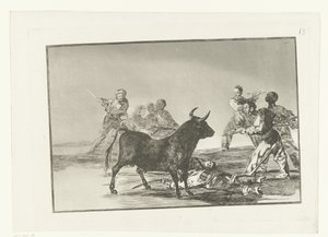 Stierenvechters rondom een stier Hamstring av skurken med spyd. halvmåner, banderillaer og andre våpen Stierenvechten (serietittel) Tyrefekting (serietittel) av Francisco de Goya