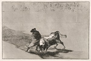 The Clever Student of Falces irriterer oksen ved å bevege seg innhyllet i kappen sin, 1814-16 av Francisco de Goya