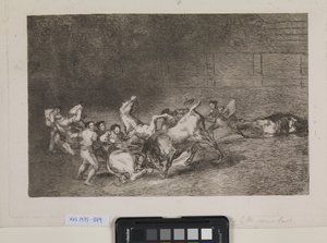 To lag med picadorer blir en etter en veltet av en enkelt okse av Francisco de Goya