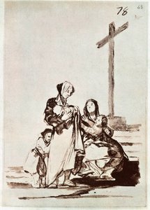 Kvinner og barn nær et kors (gravering) av Francisco de Goya