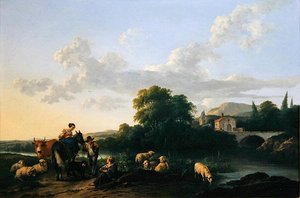 Bønder og storfe i et italiensk landskap (olje på panel) av Franciscus Xaverius Xaverij