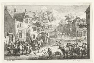 Landsbyutsikt med reisende og storfehandlere på vertshuset av Franciscus de Bargas