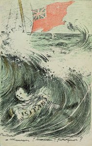 'Mor! Mor! Hvorfor?', et barn som drukner etter torpederingen av Lusitania av en tysk U-båt, 7. mai 1915 (farget gravering)