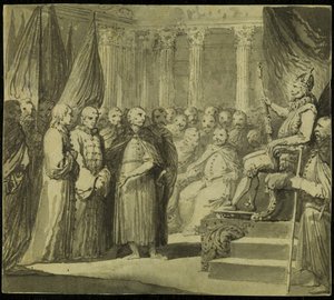 Tsar Vasili IV Ivanovich Shuisky før kong Sigismund III Vasa, sent på 1700-tallet.