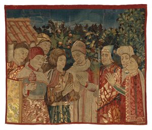 Uidentifisert billedvevsfragment med åtte figurer, A Disputation possibly, 2. halvdel av 1400-tallet (ull)