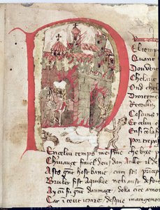 Ms Est 27 W 8.17 f.1r Historikert initial som viser Hunneren Attila (ca. 406-453) som brenner byen Aquila fra Attila-krigen av Nicola da Casola av Franco Italian School