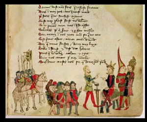 Ms Est 27 W 8.17 f.4r Hunnen Attila (ca. 406-453) i diskusjon med en av hans krigere, fra The War of Attila av Nicola da Casola av Franco Italian School