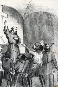 Fjerde Venezia-ottomanske krig: Kirken som kaller å slå muslimer på tampen av slaget ved Lepante sjøslaget som vekket 7. oktober 1571 i Patrasbukta, Hellas (kristen koalisjon dagen før slaget ved Lepanto under OttomanðVeneti av Franco Mistrali