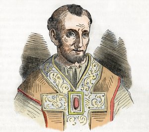 Middelalder: representasjon av pave Nicholas I den store (Nicola I, Nicholas eller Nicolo eller Niccolo eller Nicolaus) (858-867) tegning fra "I misteri del vaticano" av Franco Mistrali 1843