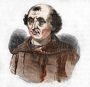 Portrett av Arnaud de Brescia (Arnaldo da brescie) (1090 - 1155), italiensk politisk og religiøs reformator (Arnold av Brescia eller arnaldus italiensk kanon regelmessig fra Lombardia) Tegning fra "Misteri del vaticano"" av Franco Mistrali av Franco Mistrali