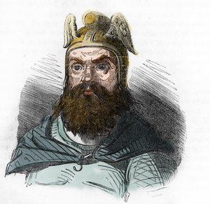 Portrett av Attila (395-453) Hunnernes konge - tegning fra "I misteri del vaticano"" av Franco Mistrali 1843