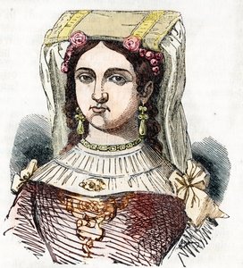 Portrett av den romerske adelige Marozie Iere (Mariuccia, Mariozza eller Marousie av Tusculum) (ca. 890-932/937), datter av Theophylacte og Theodora I den Gamle (Marozia romersk adelskvinne som var den påståtte elskerinnen til pave Sergius III) tegning fra