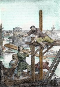 Flyktninger jaget av Huns av Attila installerer grunnlaget for byen Venezia, 5. århundre (Foundation of Venezia av flyktningene jaget bort av barbaren fra Attila, 5. århundre) Tegning fra "I misteri del vaticano" av Franco Mistrali 1846