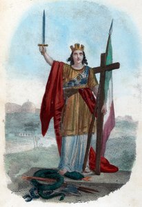 Risorgimento: Allegorisk representasjon av det triumferende Italia som står på slangen til den ødelagte kirken og reiser et sverd med et kors og et flagg, symboler på politisk, religiøs og sivil risorgimento) Frontispice tire de "" I misteri del vaticano"" av Franco Mistrali
