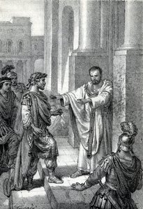 Erkebiskopen Saint Ambrosius av Milano (Aurelius Ambrosius, Ambrogio di Milano (340-397) forbød inngangen til kirken til den romerske keiseren Theodosius I (Flavius Theodosius) (347-395) for å straffe ham for massakren i Thessalonica i 390 - Excommunicati av Franco Mistrali