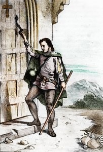 Den unge Jerome Savonarole (Girolamo Savonarola) (1452-1498) banket på døren til det dominikanske klosteret Santo Domenico i Bologna i 1475 (Girolamo Savonarola som ung banket på døren til klosteret San Domenico, av ordenen til Brødre av Franco Mistrali