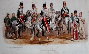 Franske kavalerister på det andre imperiets tid (farge litho) av Francois Hippolyte (after) Lalaisse