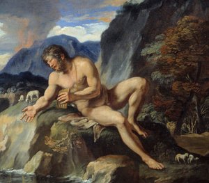 Polypheme kyklopene med en panfløyte, detalj av "" Acis and Galatee""" Nymfen Galatee og Acis, blir observert av Cyclops Polypheme, sjalu på deres idylliske kjærlighet. I følge Ovids "Metamorphoses". Maleri av Francois Perrier (1590-1650) 17. ce