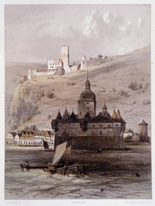 Chateau a Pfalz, Tyskland. I "" Den monumentale og pittoreske Rhinen"". Litografier av Fourmais og Stroobant