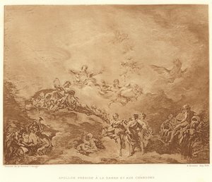 Apollo presiderer ved dans og sanger (gravering) av Francois (after) Boucher