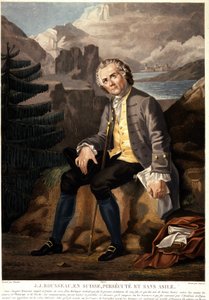Jean Jacques Rousseau i Sveits, forfulgt og uten asyl. Aquatint av Charon d