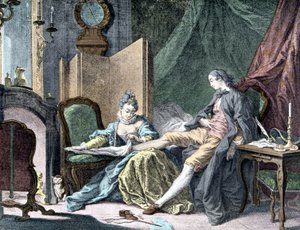 La Courtesan amoureuse: Kvinne fjerner bunnen av en mann - gravering av ap. Slakter