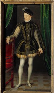 Portrett til fots av Karl IX (1550 - 1574). Maleri av verkstedet til Francois Clouet (1515-1572)