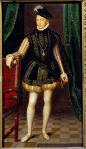 Portrett til fots av Charles IX (1550 - 1574) konge av Frankrike. Maleri av verkstedet til Francois Clouet (1515-1572)