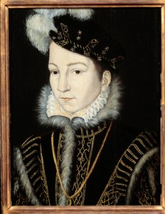 Portrett av Charles IX, konge av Frankrike (1550 - 1574). Atelier de Francois Clouet (1515-1572), v. 1555. Olje på tre. Mål: 0,32 x 0,23m. Olje på tre. - Portrett av Charles IX, konge av Frankrike (1550-1574). Verksted til Francois Clouet (1515-1572), rund