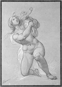 Knælende naken kvinne som holder et barn, ca. 1781 (rød fargestift og hvitt kritt på papir)