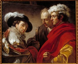 Portrett av tre menn (kunstneren, arkitekten Pierre Rousseau og en ukjent) Maleri av Francois Andre Vincent (1746-1816) 1775 Søn. 0,81x0,98 m .