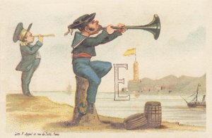 E (brev avbildet av en bretonsk sjømann som sitter på en fortøyningsbitt og leker bombing) av Francois Antoine Appel