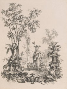 Ung kinesisk jente som går, omgitt av sauene sine, ca.1740-50.