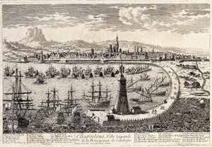 Utsikt over byen og havnen i Barcelona på 1700-tallet. Gravering av Francois Antoine Aveline Barcelona, Museu d