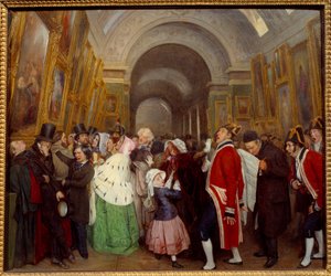 Fire timer ved salongens nedleggelse av det årlige maleshowet i Grande Galerie du Louvre. Maleri av Francois Auguste Biard (1798-1882) 1847 søn. 0,57x0,67 m