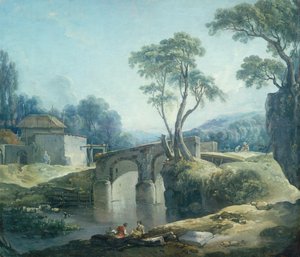 Et skogkledd landskap med en bro over en elv (olje på lerret) av François Boucher