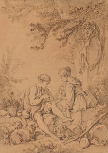 En ung gjeter som spiller på fløyte for to unge gjeterinner av François Boucher