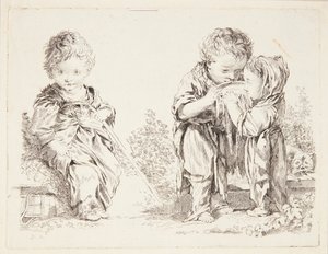 Barn som sitter på en jordklump og De små melkedrikkerne av François Boucher