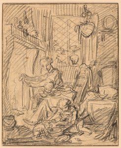 Hjemmescene: Mor med to små barn foran en kappe av François Boucher