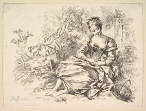 Jente i et landskap med en kurv full av blomster av François Boucher